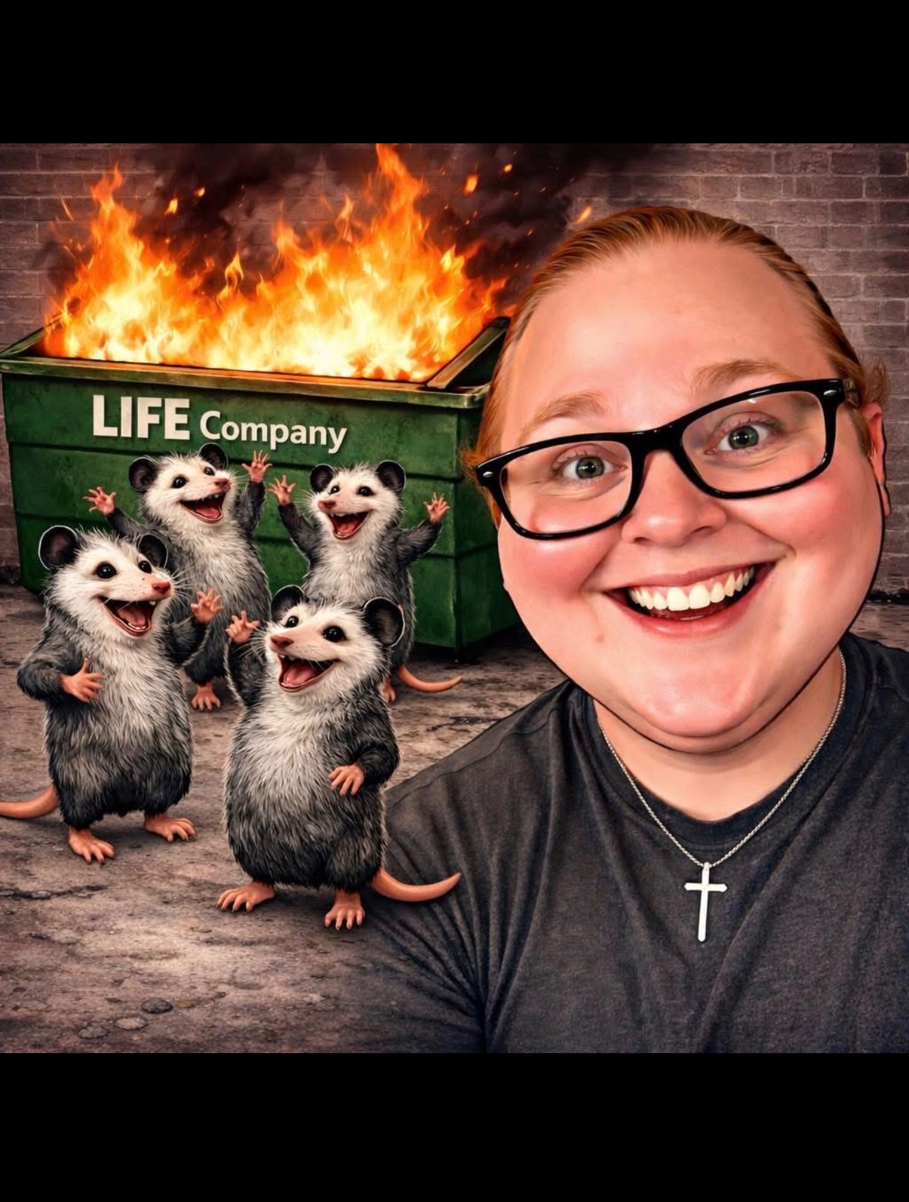 Kalli grinning in front of a flaming 'LIFE Company' dumpster with cheering opossums