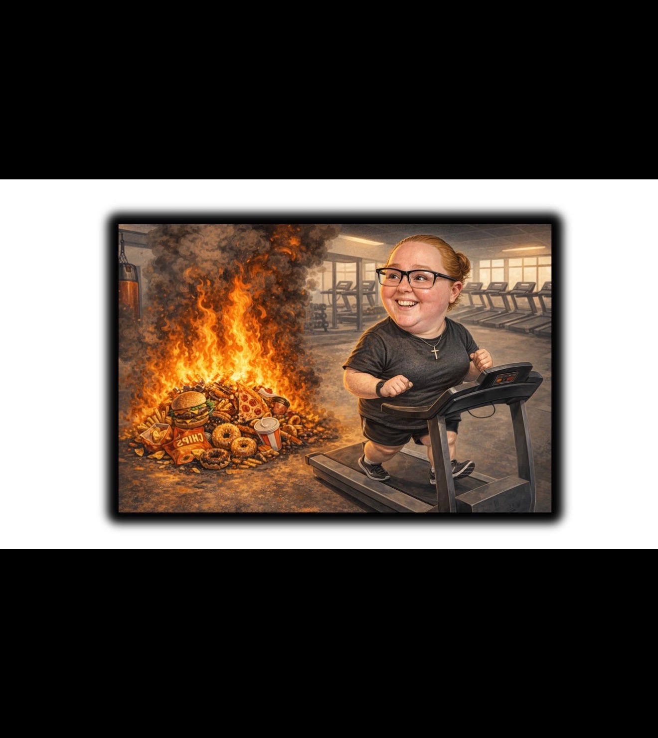 Kalli running on a treadmill beside a bonfire of burning junk food